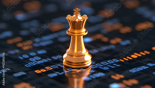 Golden chess queen on digital background