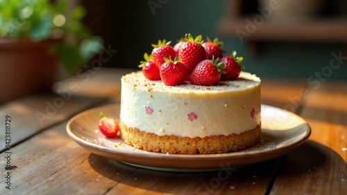 Wallpaper Mural Creamy Vanilla Cake Topped with Fresh Strawberries, Sitting on Rustic Wooden Table Torontodigital.ca