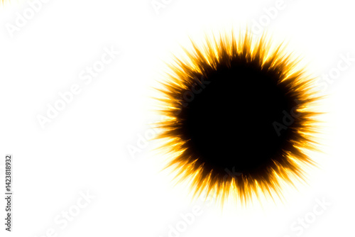 A black circle with a fiery halo on a white background. Space for text.