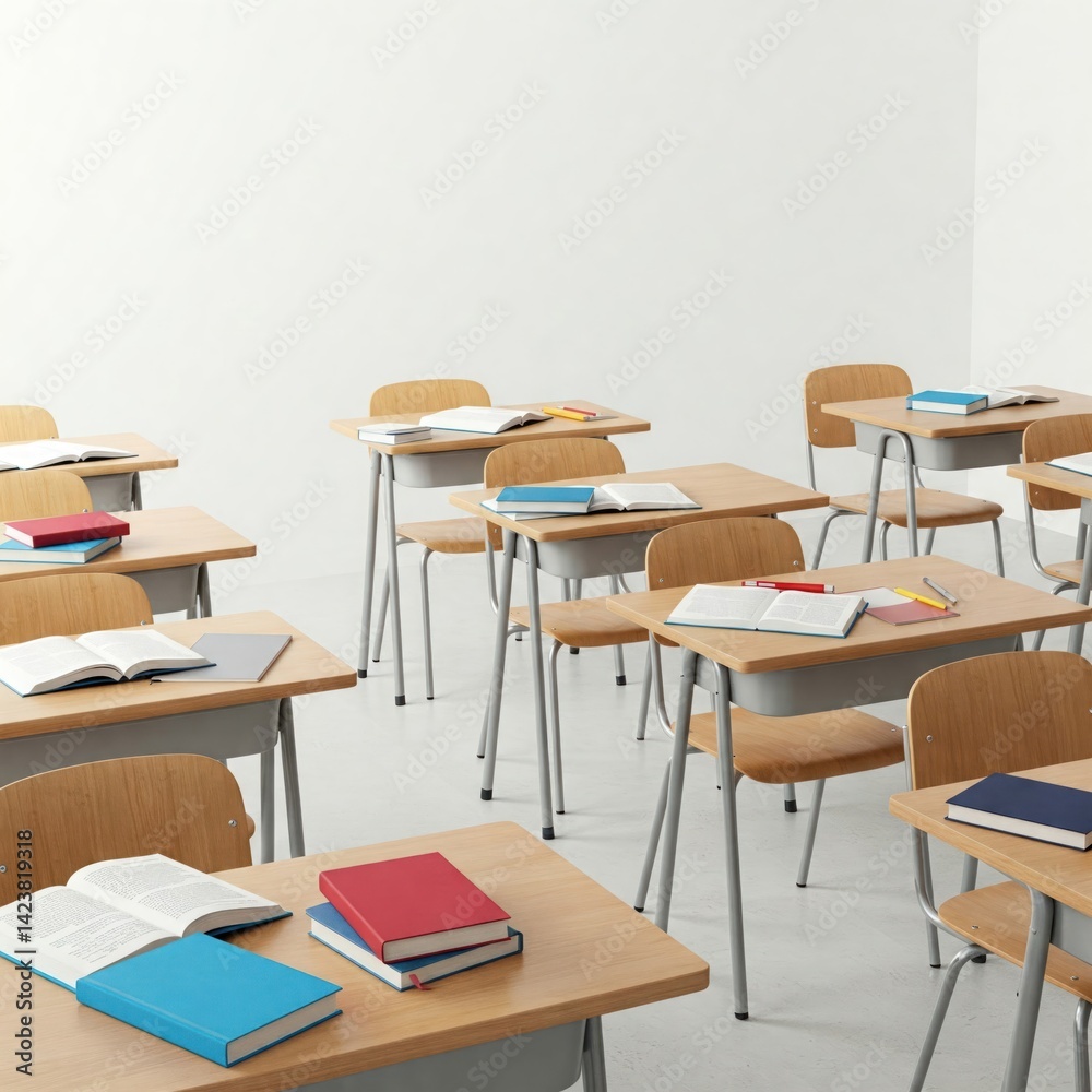An empty classroom with books and notebooks on the desks. An empty classroom with books and notebooks on the desks.