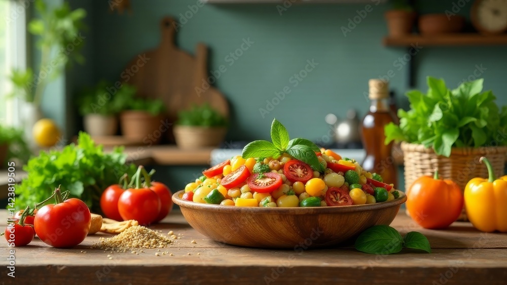 A vibrant and healthy summer salad, featuring colorful vegetables and fresh herbs, rests in a rustic wooden bowl on a kitchen counter. A vibrant and healthy summer salad, featuring colorful vegetables and fresh herbs, rests in a rustic wooden bowl on a kitchen counter.