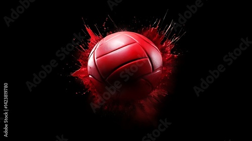 Vibrant red volleyball exploding in a dramatic burst.