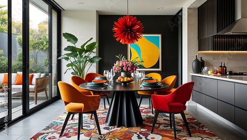 A pop of bold color electrifies the modern dining setting
