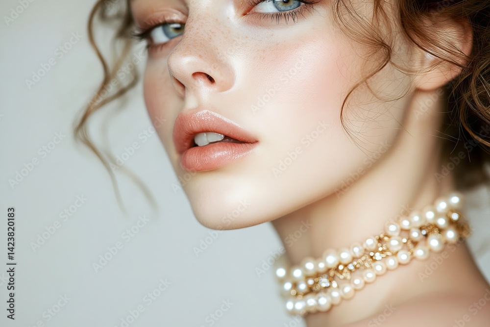 A close-up portrait of a young woman with beautiful features and soft makeup. Her stylish pearl choker adds elegance. This image showcases beauty and sophistication. Capture the essence of fashion. AI