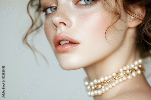Obraz na płótnie A close-up portrait of a young woman with beautiful features and soft makeup. Her stylish pearl choker adds elegance. This image showcases beauty and sophistication. Capture the essence of fashion. AI w salonie