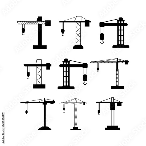 Silhouette Collection of Tower Crane Icons for Construction Design Projects