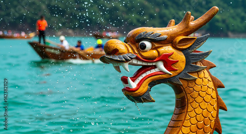 A cultural Chinese Dragon Boat Festival scene with dragon boats and traditional ornaments against a river race backdrop, macro shot, Minimalist style
