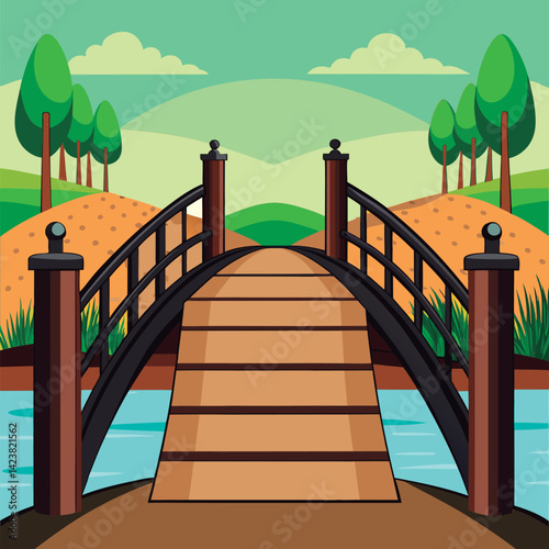 Peaceful wooden bridge over a stream.