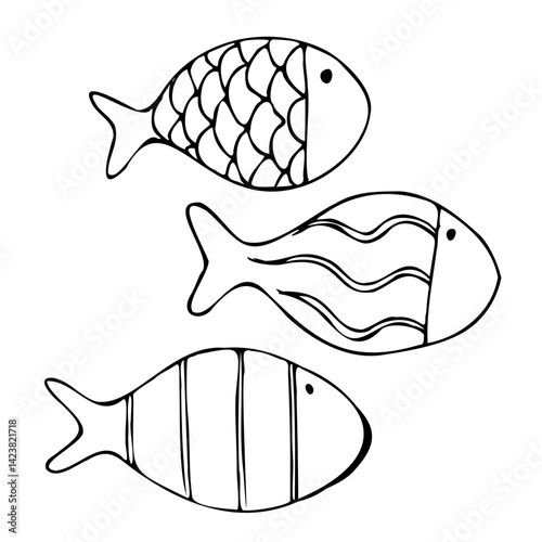 Small round fishes of simple shape with rustic patterns. Graphic line art hand drawn on the theme of sea and fishing in black and white ink. Set of elements isolated from the background EPS vector