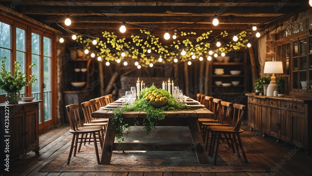 Fototapeta premium A rustic dining table wrapped in spring light