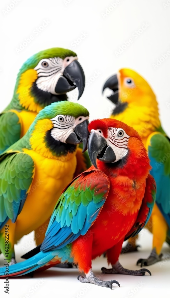 Close-up of a group of playful and colorful parrots on a plain white backdrop, close-up, tropical Close-up of a group of playful and colorful parrots on a plain white backdrop, close-up, tropical
