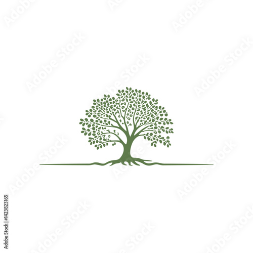 Elegant Green Tree Silhouette, Nature Logo, Eco Symbol, Family Tree, Environment, Growth, Roots, Minimalist Design on White Background