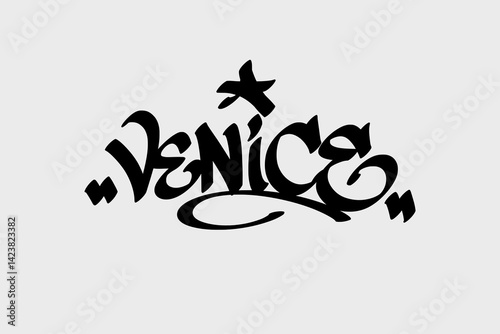 Graffiti tag text “Venice” in bold street art style. Hand-drawn vector lettering with beachside urban flair. Isolated on white background, perfect for design, apparel, or digital use.