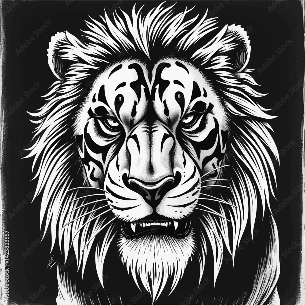 Fototapeta premium Battle Scarred Lion tribal-style scars, intense expression