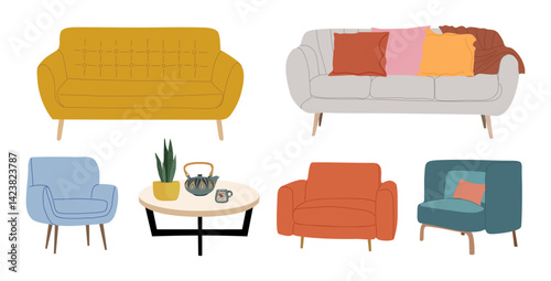 Set of home furniture, interior decor, house plants for living room in mid century style. Armchair, sofa, table, chest of drawers, lamps. Flat vector illustrations isolated on white background