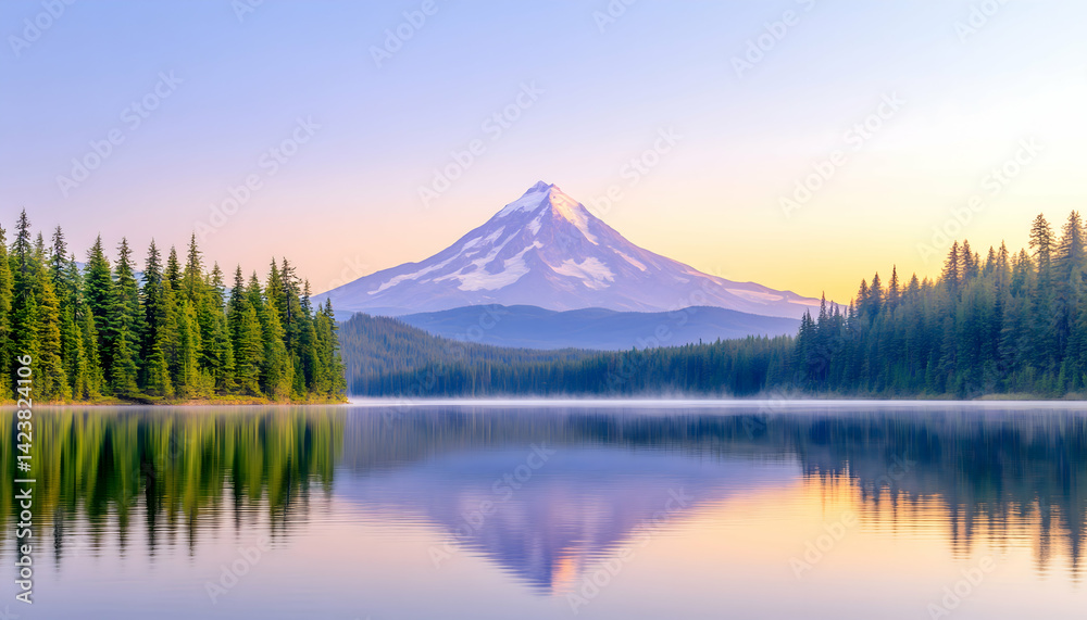 Serene sunrise over a snow-capped mountain reflected in a calm lake, framed by evergreen trees Serene sunrise over a snow-capped mountain reflected in a calm lake, framed by evergreen trees
