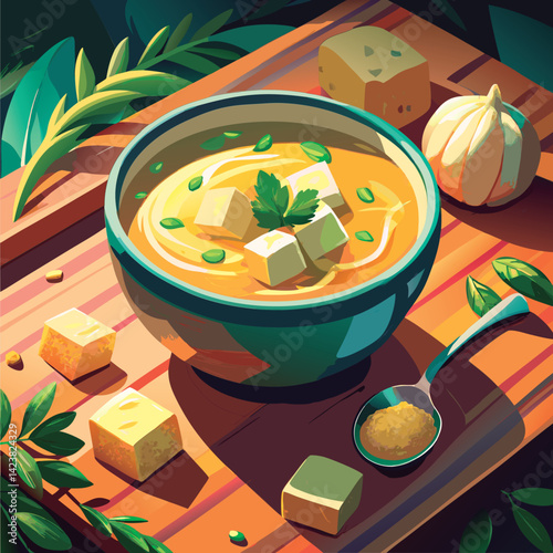 Creamy soup with tofu. a delicious dish.
