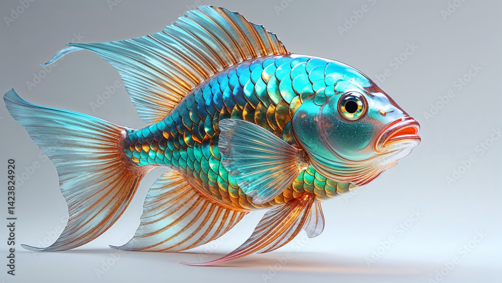 Ornate Goldfish With Blue Scales And Detailed Fins On Neutral Background Ornate Goldfish With Blue Scales And Detailed Fins On Neutral Background
