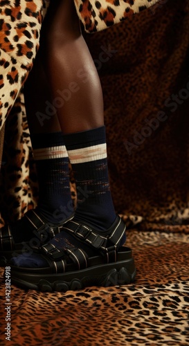 Fashionable footwear: black sandals with socks on leopard print fabric