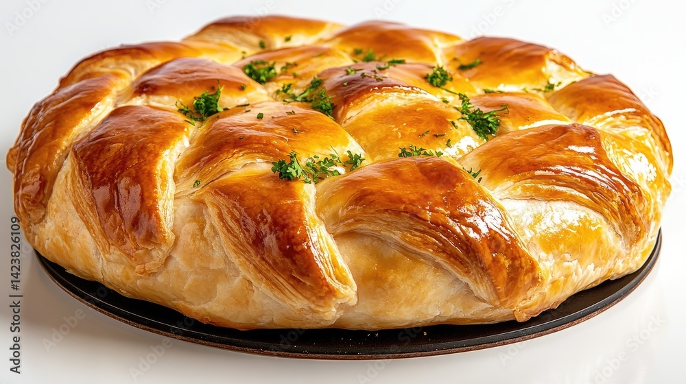 Authentic Russian kulebyaka salmon pie with flaky crust on an immaculately white background. Authentic Russian kulebyaka salmon pie with flaky crust on an immaculately white background.