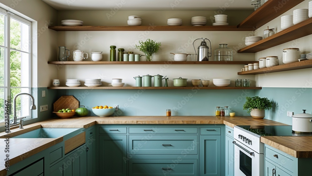 A tranquil kitchen with open shelves and simple functional design A tranquil kitchen with open shelves and simple functional design
