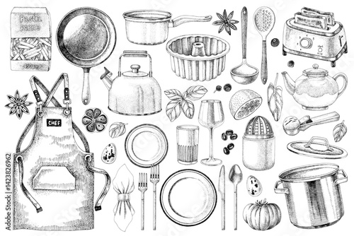 Kitchen utensils hand drawn vector