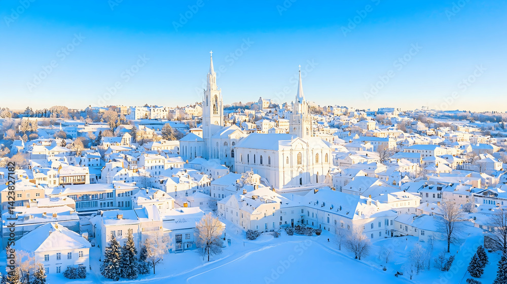 Obraz premium Panoramic aerial view of a snow-covered European town with prominent white churches under a vibrant blue sky