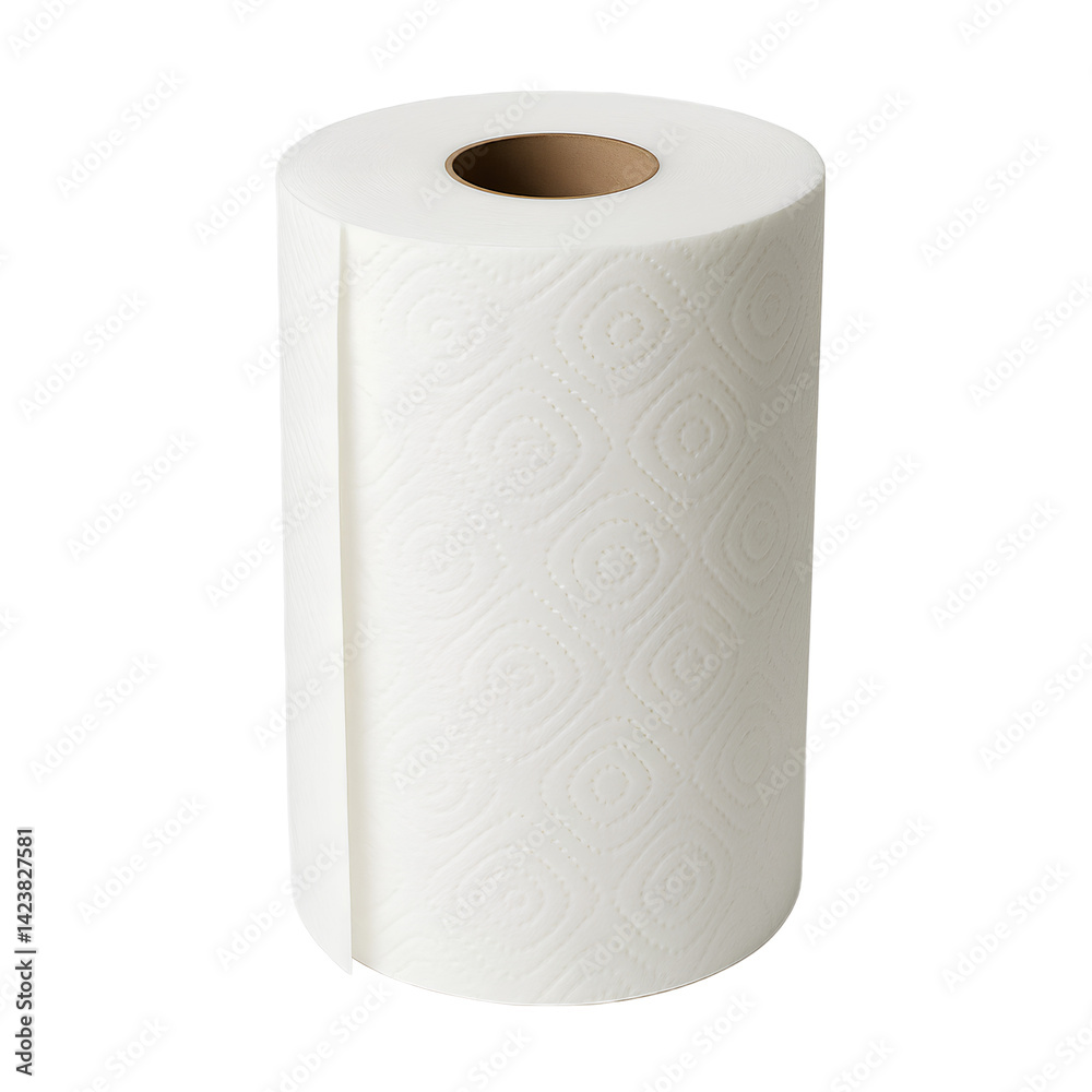 A white paper towel roll with embossed patterns standing on a transparent background. A white paper towel roll with embossed patterns standing on a transparent background.