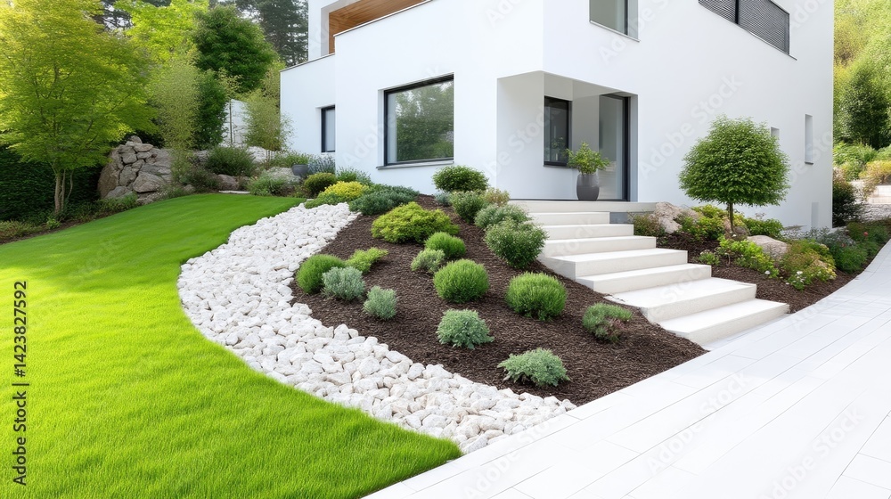 Obraz premium Modern white house with a professionally landscaped front yard, featuring a lush green lawn, mulched garden bed, and concrete stairs.