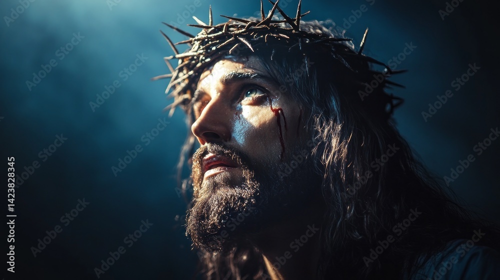 Obraz premium A solemn figure gazes upwards, adorned with a crown of thorns. Shadows dance around, creating an atmosphere rich in emotion and significance, reflecting themes of sacrifice and redemption