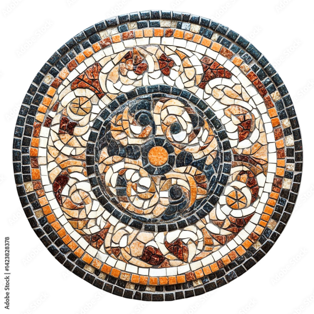 Obraz premium Circular mosaic tile artwork featuring swirling patterns in earth tones and dark accents