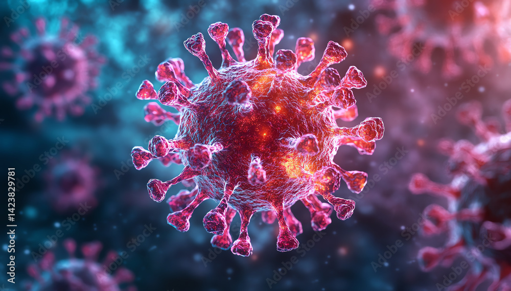 A detailed microscopic view of a virus, showcasing its structure and intricate details in vibrant colors. A detailed microscopic view of a virus, showcasing its structure and intricate details in vibrant colors.