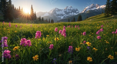 Sunlit meadow with wildflowers and distant snow capped mountains in scenic landscape view scene