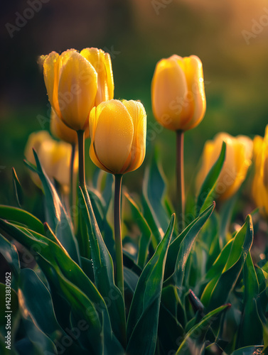 Amazing yellow tulips blooming in a tulip field, against a background of blurred tulip flowers in the light of the sunset. Fresh light yellow spring tulips, Bouquet of spring tulips.Generative ai