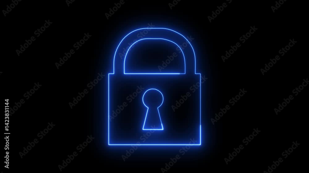 Glowing Neon Lock Icon Animation on Black Background, Cybersecurity Symbol for Privacy, Data Protection, Digital Security, User Interface, Glowing Neon Lock Icon Animation on Black Background, Cybersecurity Symbol for Privacy, Data Protection, Digital Security, User Interface,