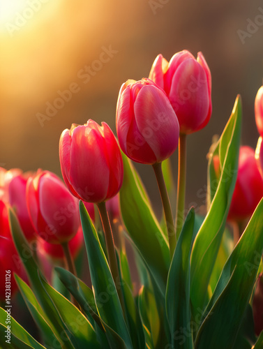 Amazing red tulips blooming in a tulip field, against a background of blurred tulip flowers in the light of the sunset. Fresh light yellow spring tulips, Bouquet of spring tulips.Generative ai