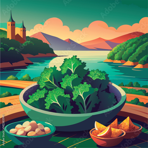 Fresh kale salad by the lake.