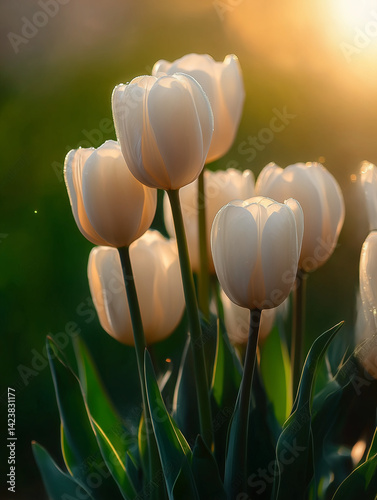 Amazing white, blooming tulips in a tulip field, against a background of blurry tulip flowers in the light of the sunset. Fresh light yellow spring tulips, Bouquet of spring tulips.Generative ai