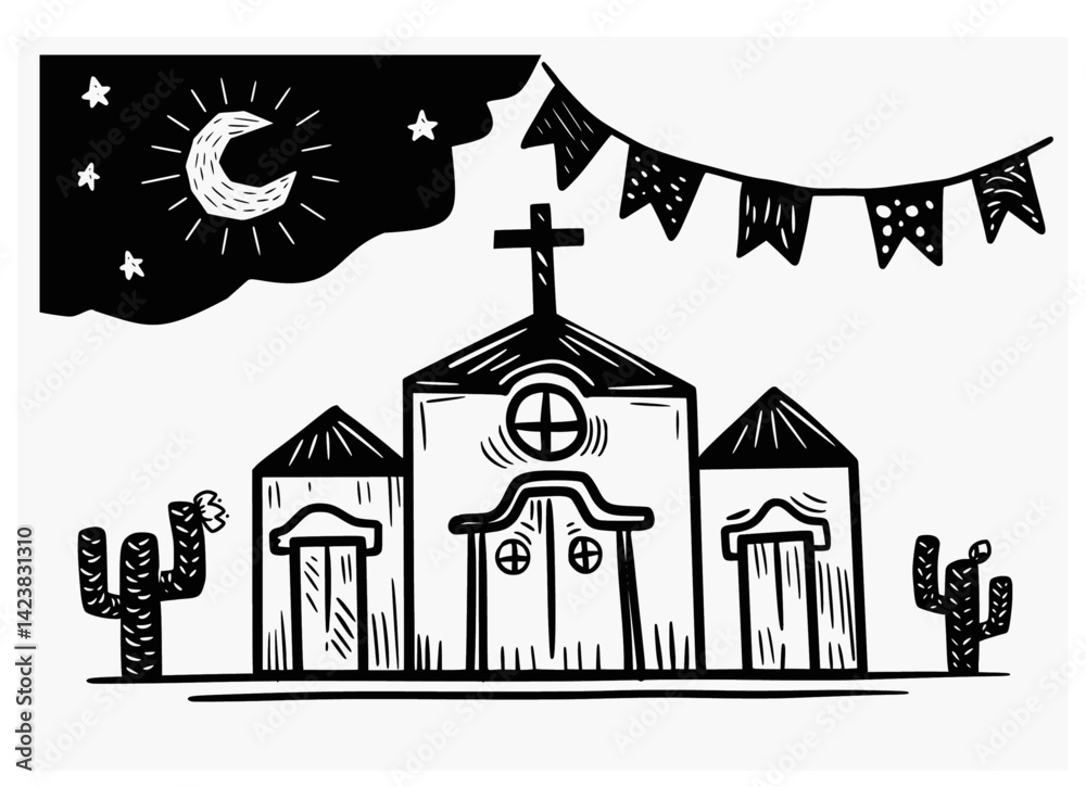 Woodcut-style illustration of a small countryside church at night, surrounded by cacti, flags, and a starry sky with crescent moon — a poetic scene of Brazilian rural life.