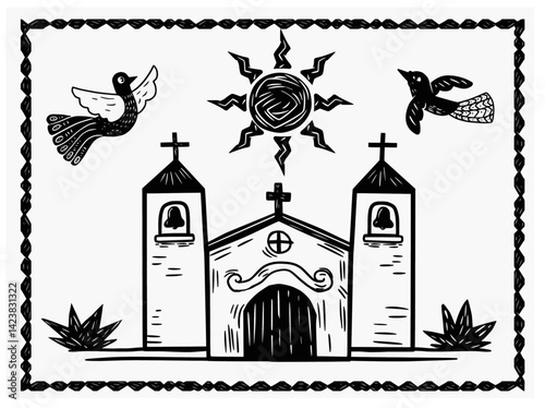 Folk woodcut illustration of a small rural church with two towers, flying birds, and a radiant sun, capturing the spirit of Brazilian countryside faith and tradition.
