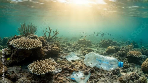 Underwater Scene Showing Plastic Bottle Debris Amongst Coral Reefs