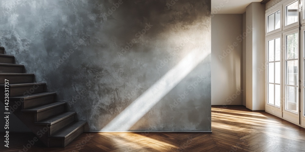 A serene interior scene featuring a staircase leading to a softly lit room. Natural light filters through large windows. The ambiance is calm and inviting. Perfect for home decor inspirations. AI
