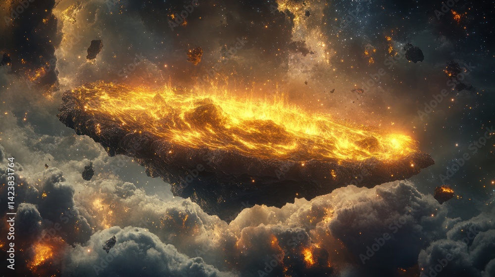 Fototapeta premium Fiery celestial island floating in cosmic nebulous space