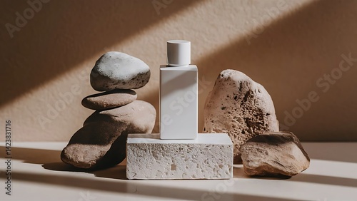 Serene white perfume bottle on natural stones bathed in warm sunlight minimalist aesthetic earthy