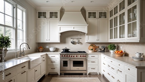 Clean lines neutral tones and quiet elegance fill this kitchen
