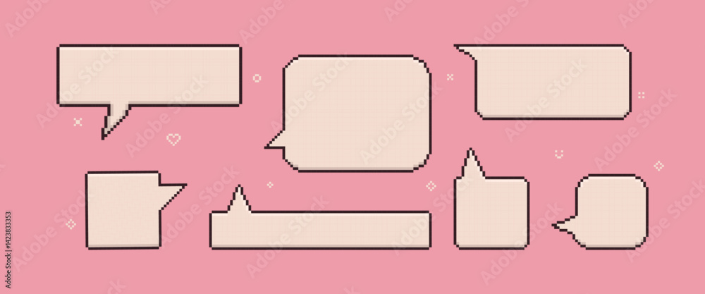 A set of empty rectangular speech bubbles in soft pastel pink colors. Pixel 8-bit talk boxes for game art, love-theme templates, sticker pack. A set of empty rectangular speech bubbles in soft pastel pink colors. Pixel 8-bit talk boxes for game art, love-theme templates, sticker pack.