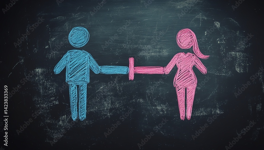 Obraz premium Handdrawn equal sign connecting blue male and pink female health icons on a blackboard, visual metaphor for wellness balance and gender equality, chalk style, highdefinition render