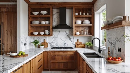 Clean marble surfaces and wooden accents give the kitchen life