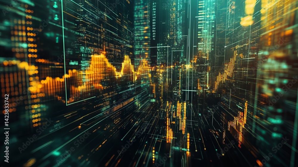 Obraz premium Abstract Digital Cityscape Futuristic Technology Background Golden Orange Teal Green Lines Data Network Graphic Design Modern Art Illustration Visual Futuristic Cityscape Energetic Vibrant Technology 