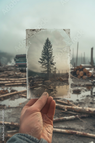A hand holds an old photo of a lone pine tree in a forest, aligned with the current scene of deforestation and logging
